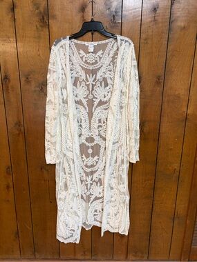 K Jordan Cream Sheer Lace Longline Duster Robe